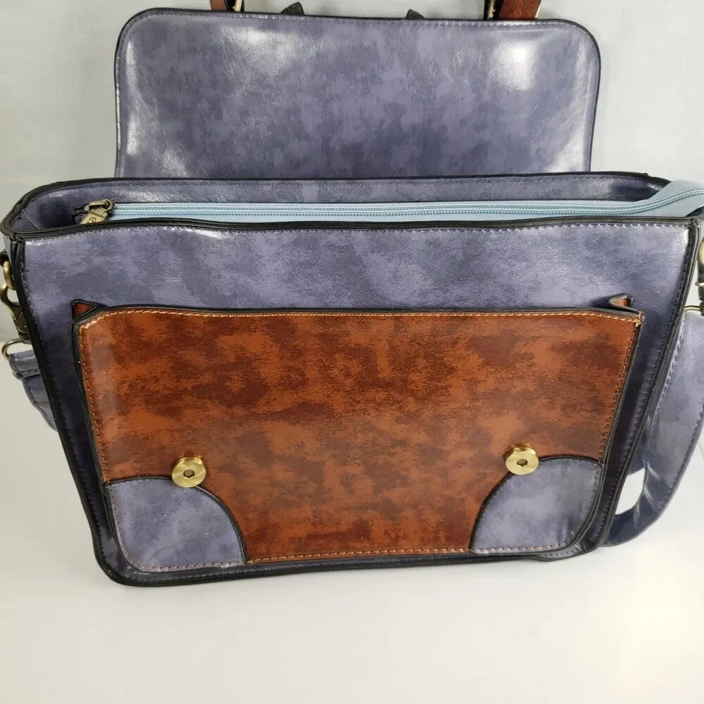 Esecosusi BoHo Style Brown Lavender Blue Vegan Leather Messager Laptop Crossbody
